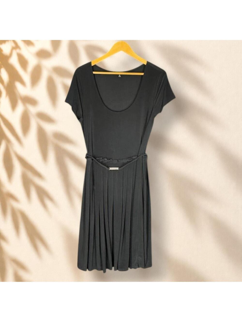 Madison Dress Women L Large Black Sheath Midi Belted Short Sleeve Round Neck